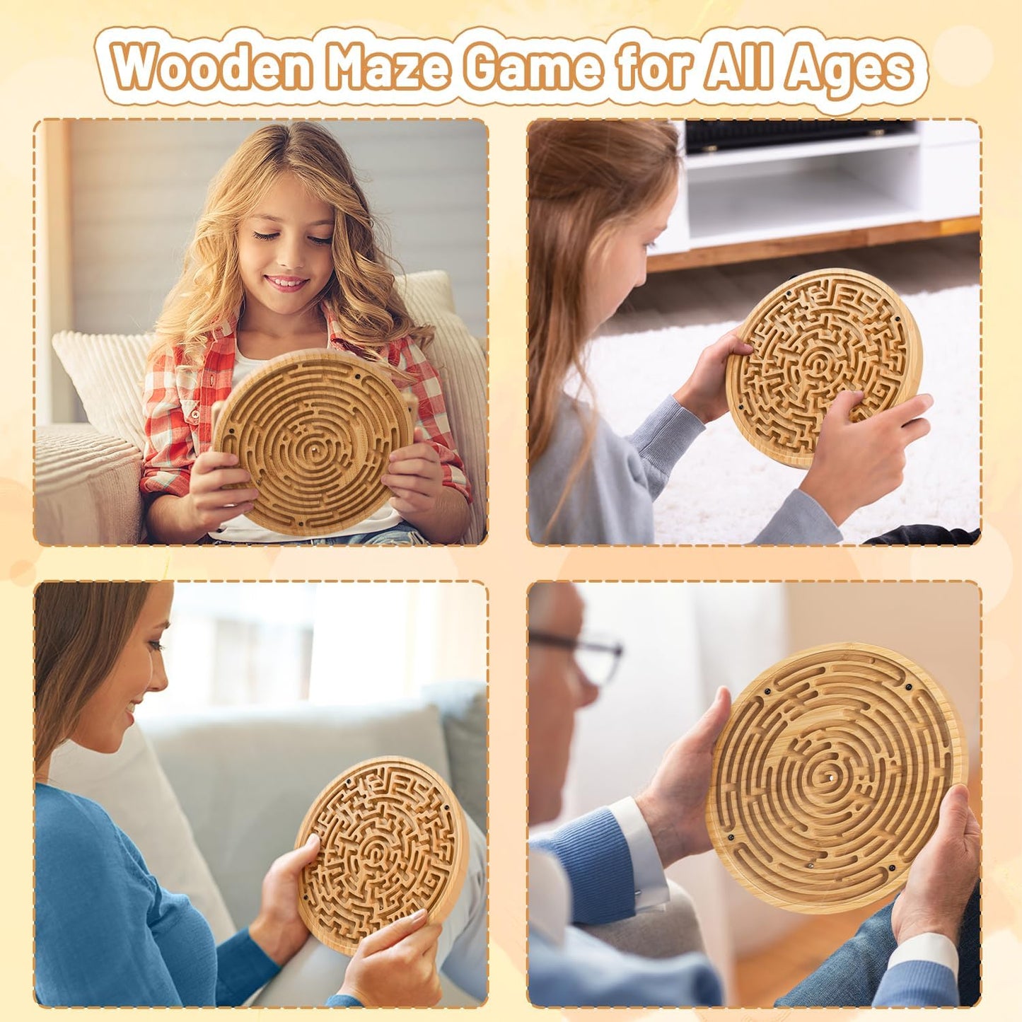 Round Wooden Labyrinth Board Game - Marble Maze for Education and Fun, Toddler Activity Board, Brain Teaser Puzzle Logic Game with Two Metal Balls for Kids, Adults, Teens, Boys, and Girls