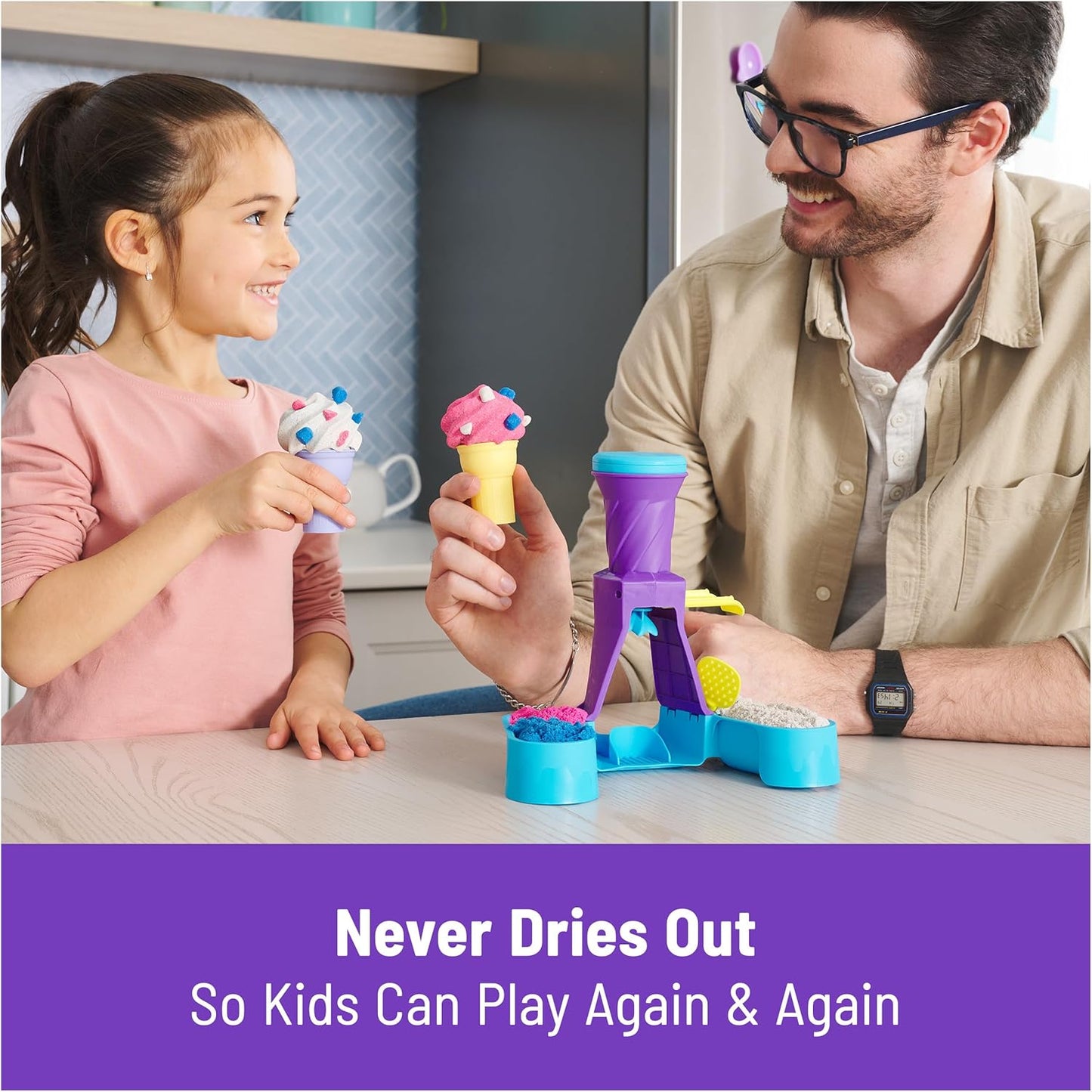 Kinetic Sand, Soft Serve Station with 14oz Play Sand (Blue, Pink & White), 2 Ice Cream Cones & 2 Tools, Sensory Toys for Kids Ages 5 and up