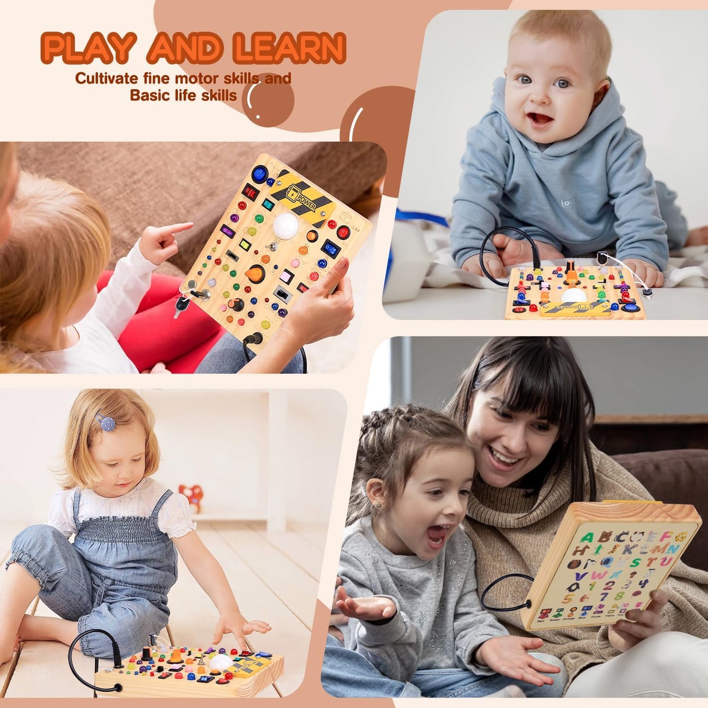 25 in 1 Busy Board with 13 LED Light Switches and 12 Activity, Montessori Toys for 1 2 3 Years Old, Wooden Sensory Board, Toddlers Travel Toys for 1+ Year Old Boy & Girl Birthday Gift（Extra-Large）