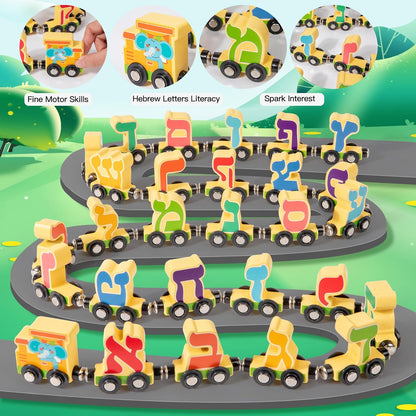Hebrew Alphabet Train for Kids – Wooden Magnetic Alef-Bet Train Cars with Flash Cards – Learn Hebrew Letters Through Hands-On Play