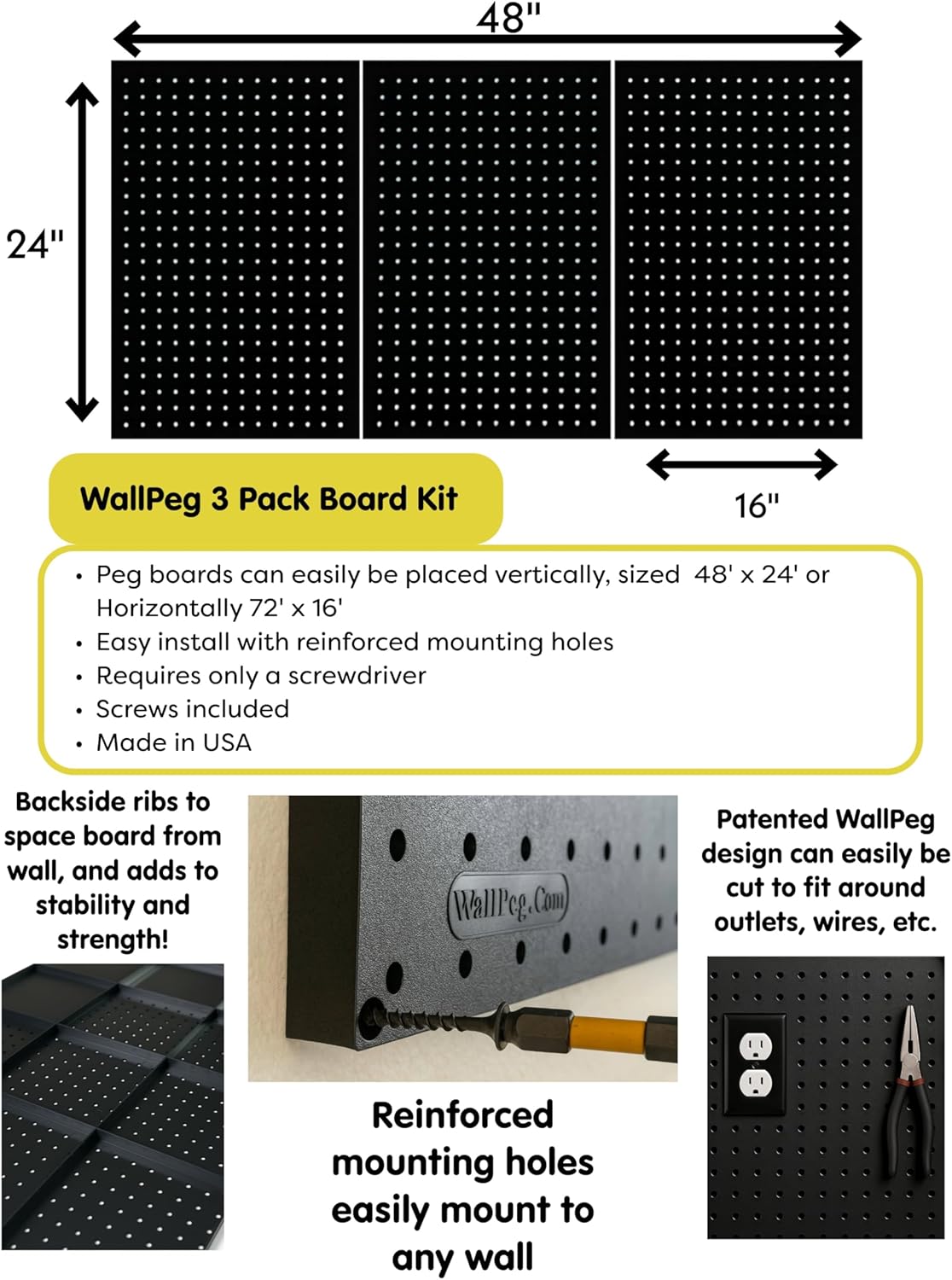 WallPeg 24" x 48" Garage Pegboard Kit (PK-3-B) with Peg Board Panels, Hooks for Tool Organizer, Garage Storage