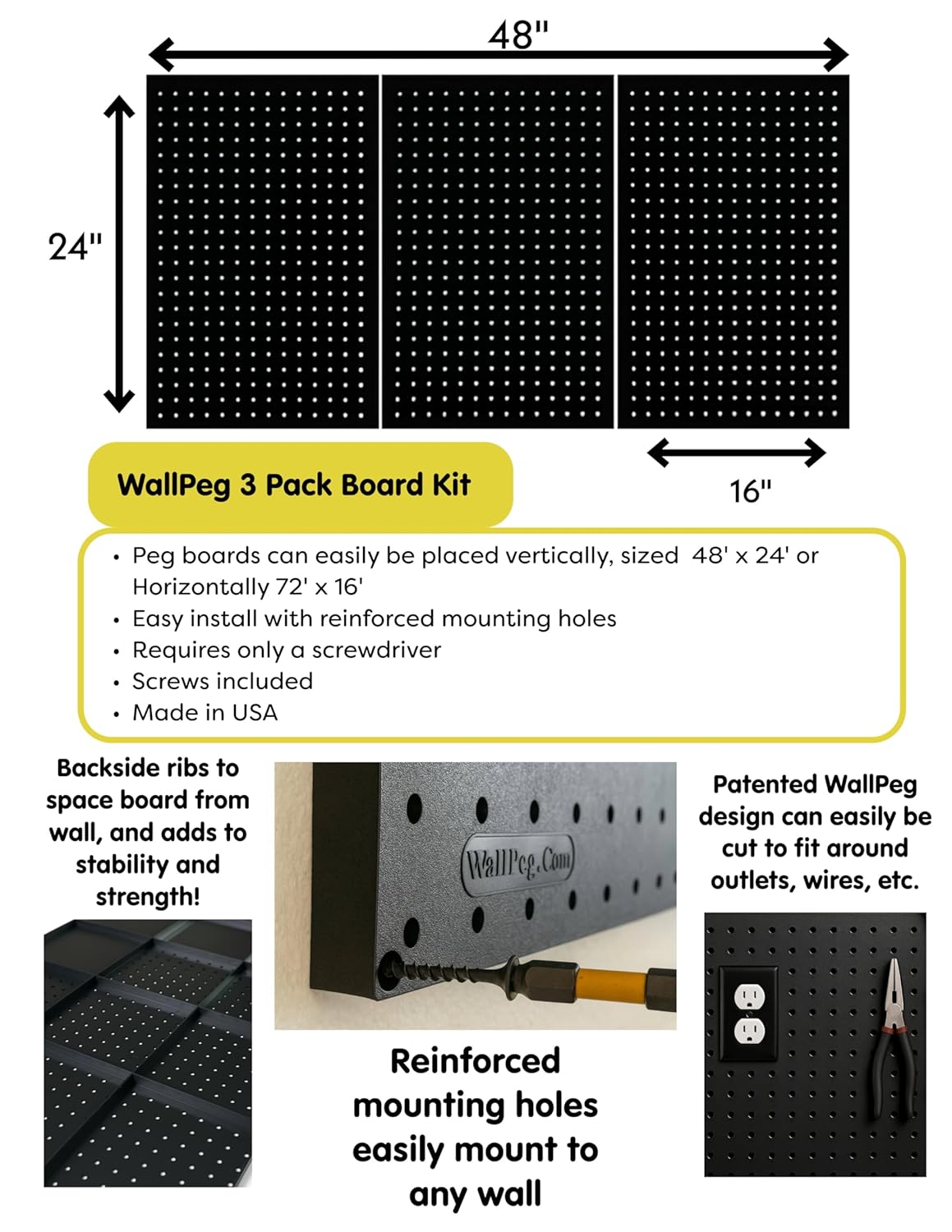 WallPeg Made in USA Pegboard Panels Garage Organization - Wall Storage Kit (PB-2 B) (2) ea - 24" x 16" Peg Board Tool Organizer Panel Set - Garage Organizer Kit