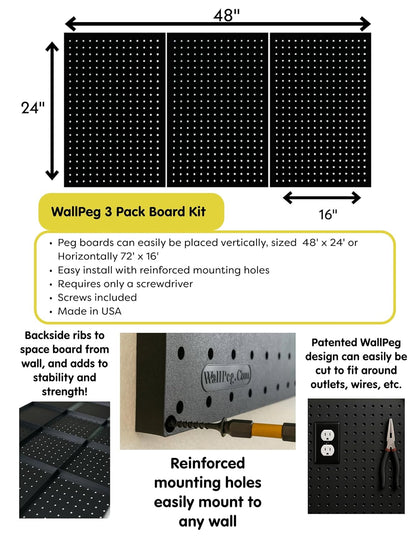 WallPeg Made in USA Pegboard Panels Garage Organization - Wall Storage Kit (PB-2 B) (2) ea - 24" x 16" Peg Board Tool Organizer Panel Set - Garage Organizer Kit