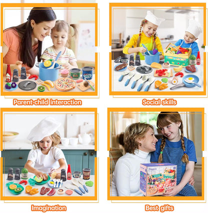 130Pcs Kitchen Playset, Toddler Pretend Cooking Play Pots, Pans, Utensils Cookware, Daily Food Fruit Veges, Shopping Storage Basket, Dessert, Prop Money, Learning Gift for Child (Pink)