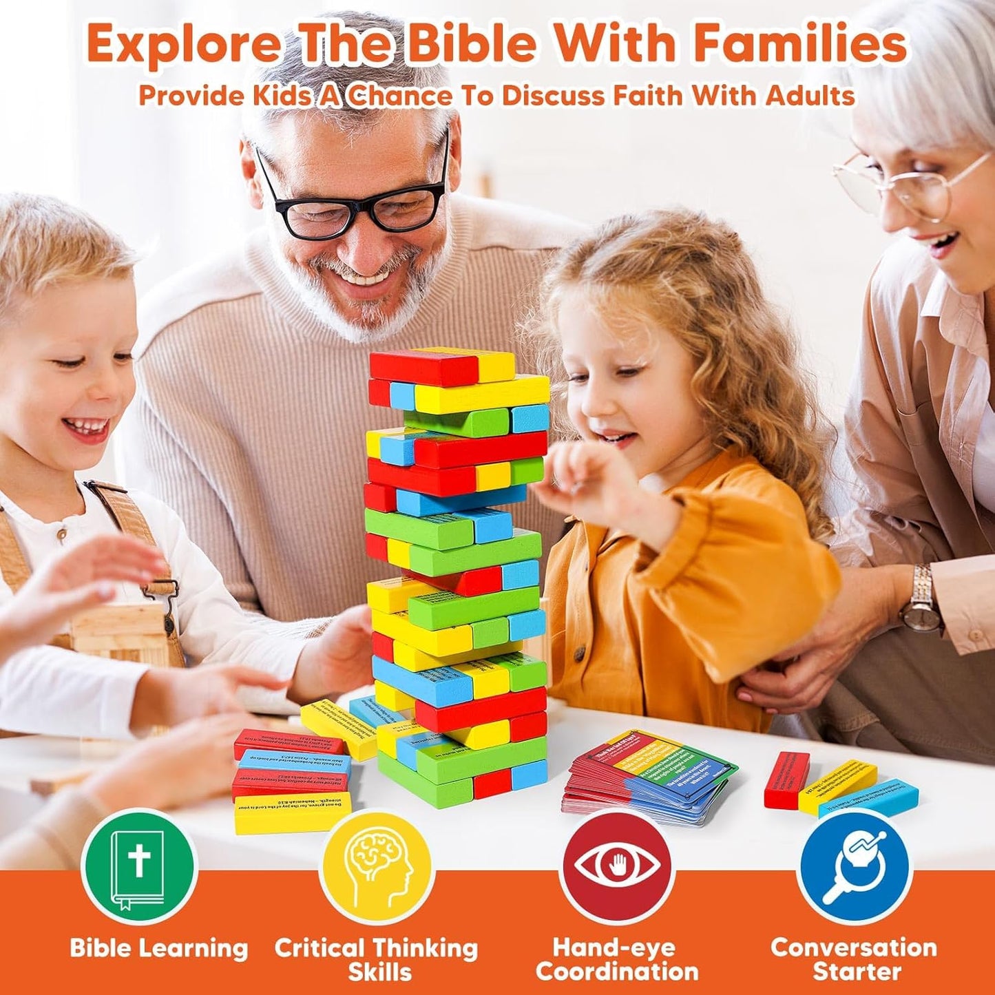 Garybank Faith Tower Bible Games for Kids, Blocks with Verse, 66 Bible Trivia Cards W/ 260+ Biblical Questions, Bible Study Supplies for Youth Group, Sunday School & Family, Christian Gifts
