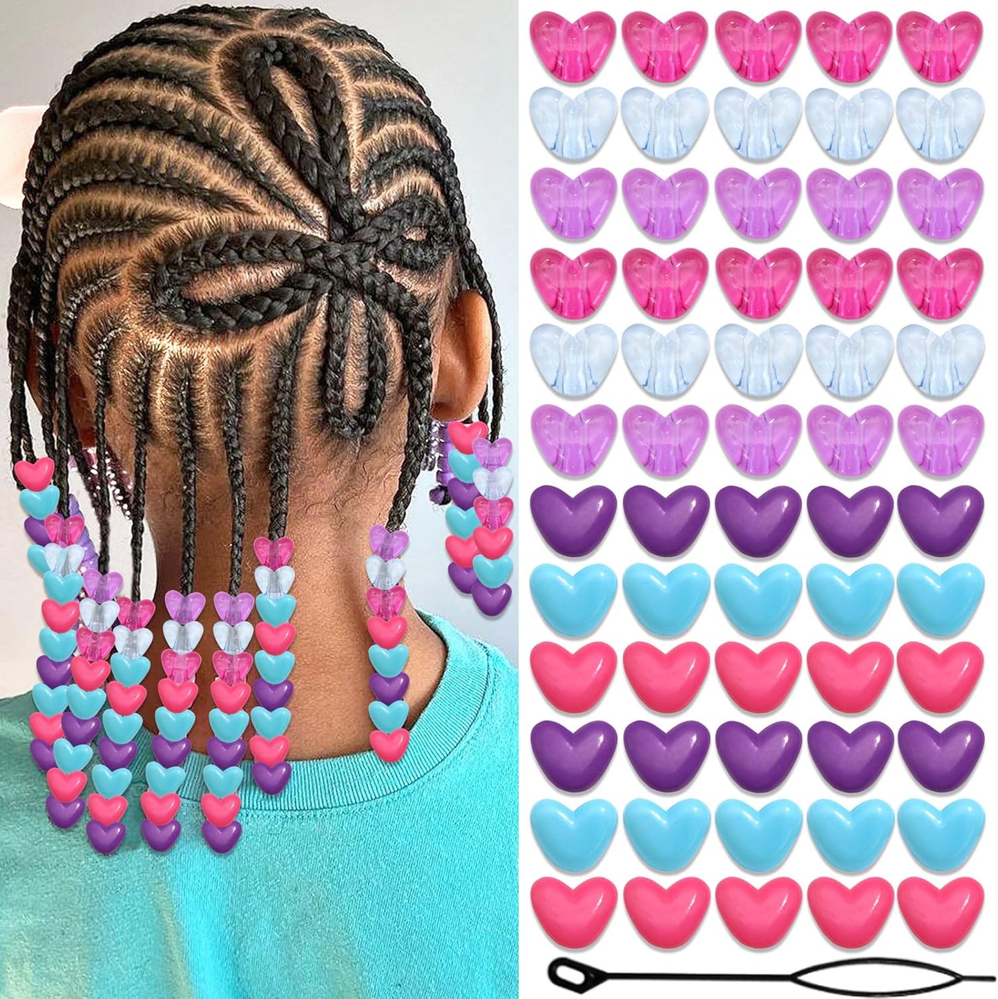 90PCS Heart Hair Beads for Braids Blue Pink Loc Dreadlock Valentine's Day Bead Accessories Purple Cute Acrylic Heart Shape Beads for Kids Girls