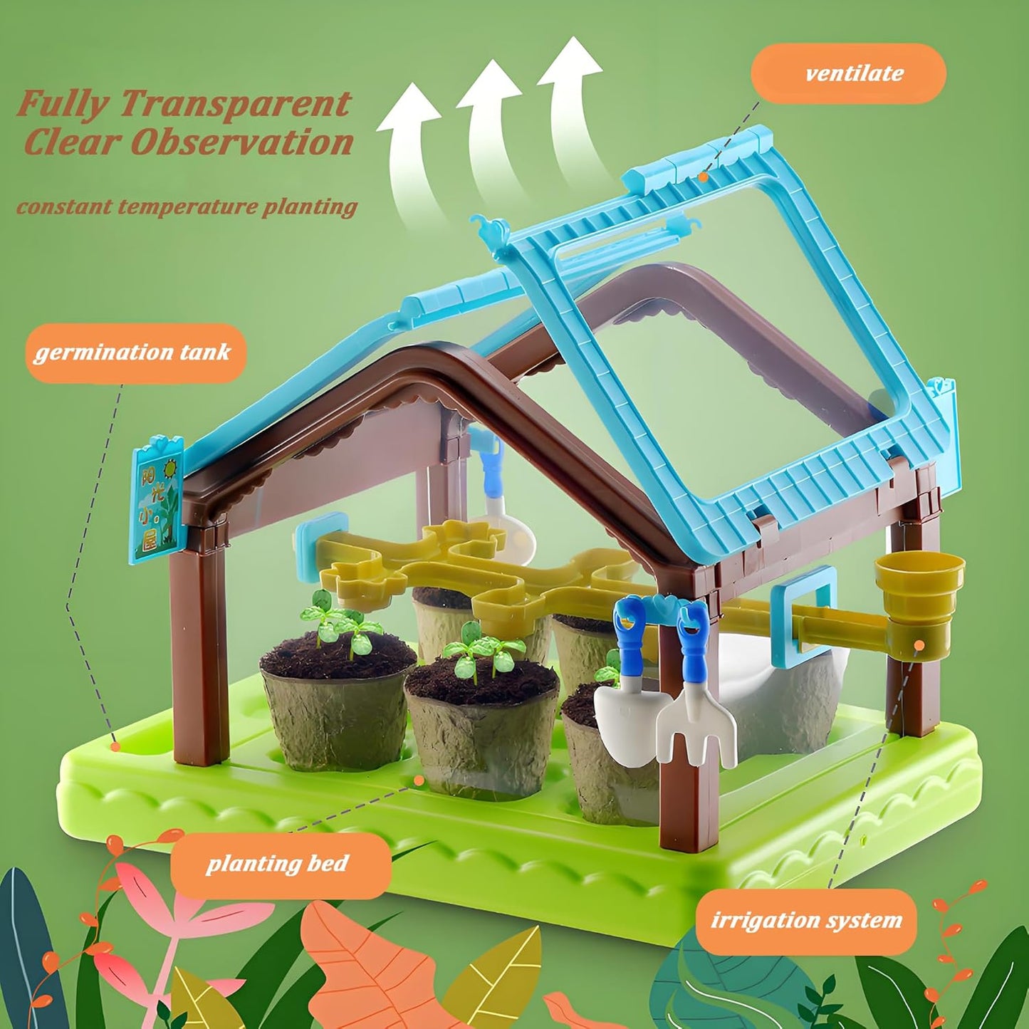 EXBEPE Kids Plant Growing Kit Greenhouse Growing Set with Drip Irrigation System and Grow Light Science Educational DIY Indoor Plant Gardening Toy for Kids
