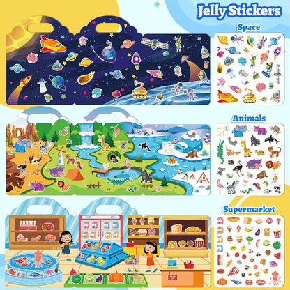 6 Sets Reusable Sticker Book for Toddlers 1-3, Jelly Sticker Books for Childs 1 2 3 Years, Toddler Travel Toys for Ages 1-3 Boys & Girls
