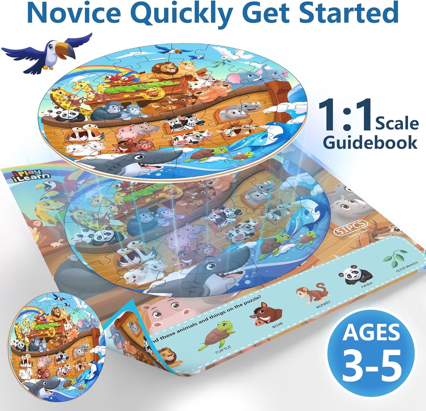 iPlay, iLearn Toddlers Noah's-Ark Wooden Animal Puzzles, Kids Floor Puzzles for Ages 3-5, 4-8, Large 51 Pieces Round Jigsaw Puzzle Educational Toys, Birthday Gift for 6 7 Years Old Boys Girls Children