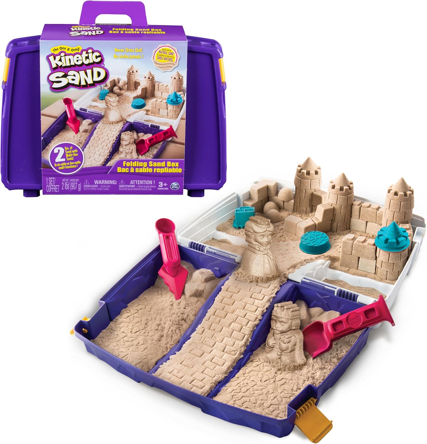 Kinetic Sand, Mermaid Palace Playset with 2.06lbs Play Sand (Neon Purple, Shimmer Teal & Beach), Tools & Folding Sandbox, Sensory Toys for Kids