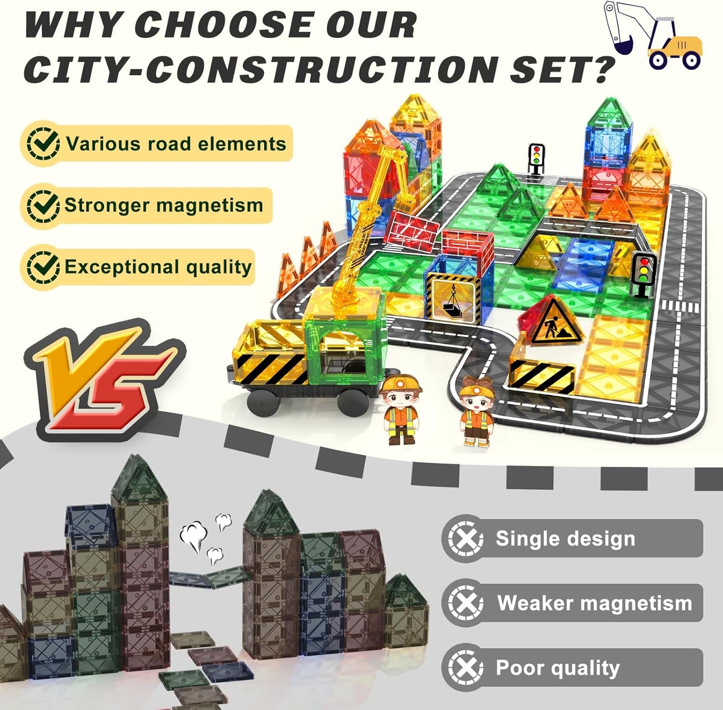 Coodoo Kids Games Magnetic Tiles Road Set with Extendable Magnetic Crane, City Construction Building Toys for Toddlers STEM Preschool Ages 4-6 5-7, Gifts for 3+ Year Old Boys Girls Kids Toys with Car