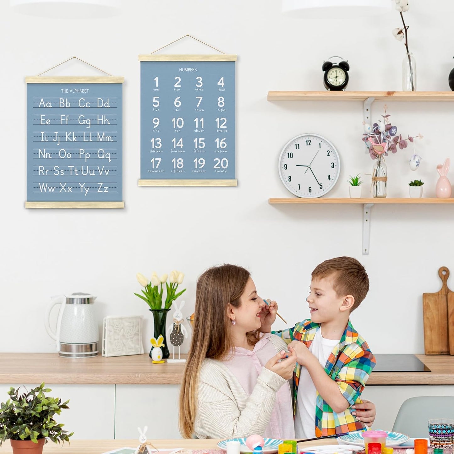 BONETAT Numbers alphabet poster for Nursery Toddlers, Play Room Wall Decor, ABC Wall Chart, Wall Hanging Decor for Toddler Playroom Decor Kids Wall Decor, Wooden Alphabet Banner-A02