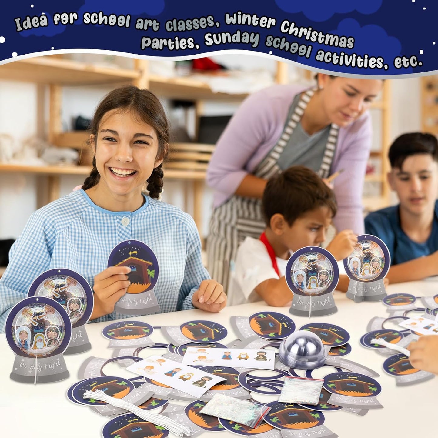 Threehoney 24 Pack Easter Nativity Craft Kit for Kids Toddler Jesus Birth Advent DIY Snow Globe Hanging Ornament with Glitter Sequin Paper Religious Holiday Classroom Decor(Joy,Silver)