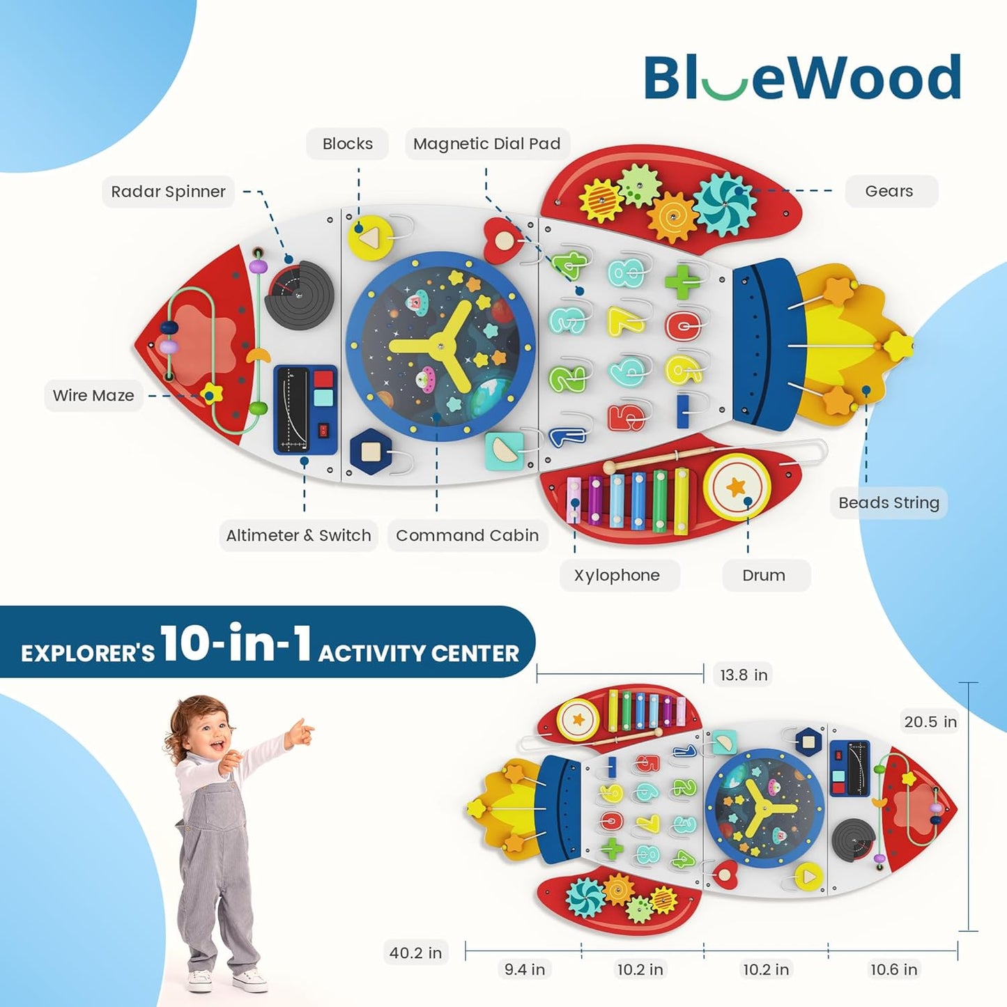 BlueWood Wooden Wall Busy Board Panels, Toddler Learning Activity Center, Montessori Philosophy Sensory, Educational Toys, Conducive to All-Round Development - Whale