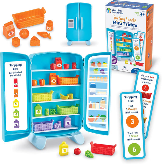 Learning Resources Sorting Snacks Mini Fridge - Play Food, Toddler Kitchen, Montessori , Color Sorting Sensory, Gifts for Boys and Girls, Preschool Games, Fine Motor Skills, Counting, Kindergarten