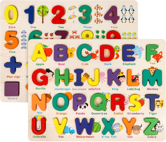 Attmu Wooden Puzzles for Toddlers, 6 Pcs Alphabet Puzzle ABC Shape Number Animal Farm Puzzle, Learning Toys for Kids, Preschool Educational Activities Toddler Gift Toys for Girls Boys Christmas Easter