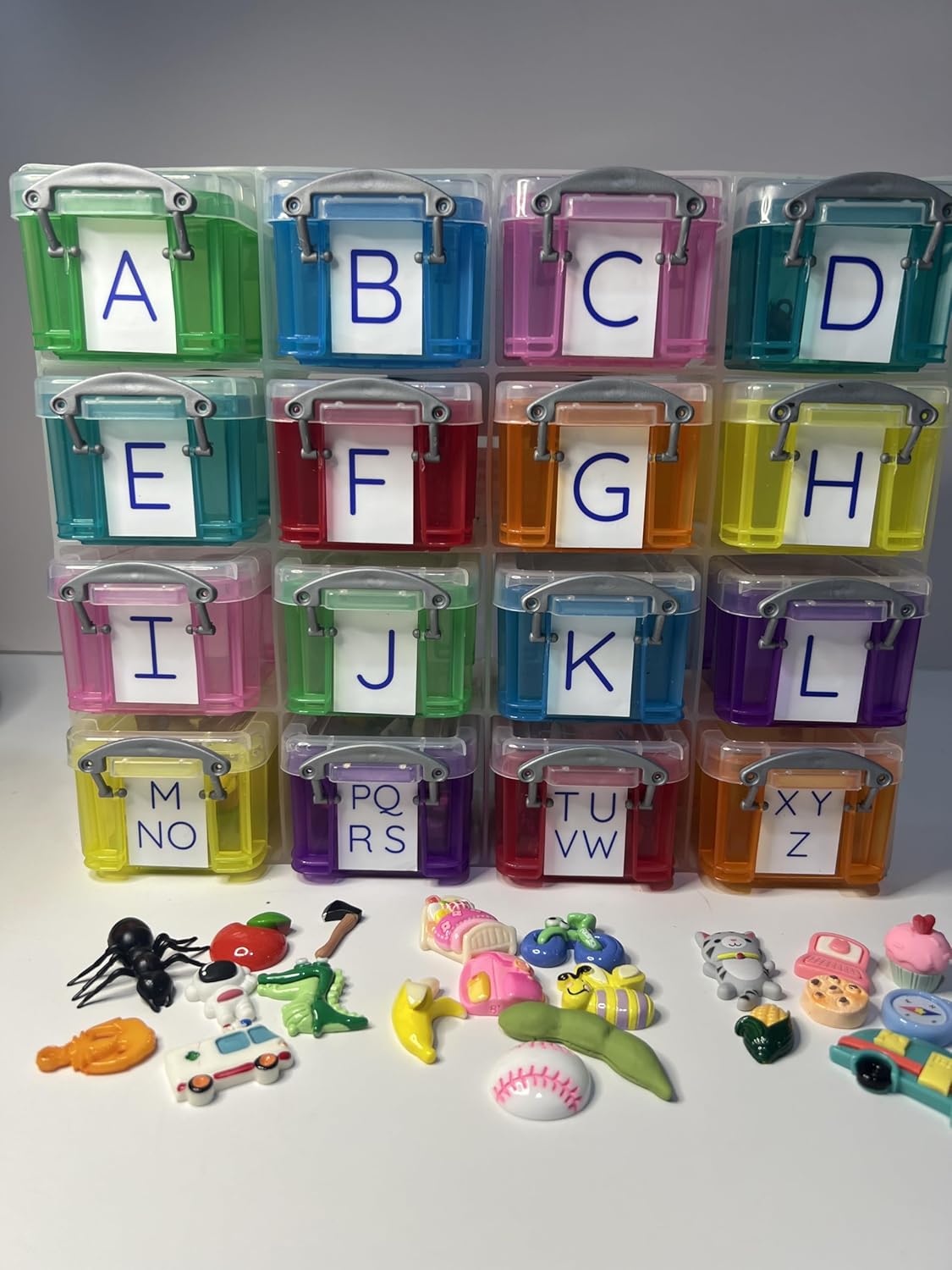 Alphabet Learning Kit with Objects for Beginning Sounds, 7 Objects Per Letter, Storage Boxes with Uppercase Labels