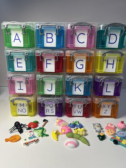 Alphabet Learning Kit with Objects for Beginning Sounds, 7 Objects Per Letter, Storage Boxes with Uppercase Labels