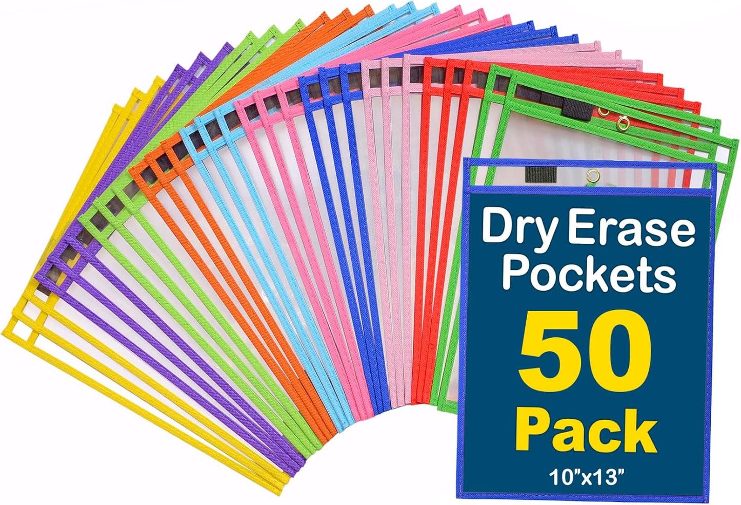 Dry Erase Pockets - 10 x 13 Reusable Dry Erase Pocket Sleeves for Work & School Worksheets - Heavy Duty Clear Pocket Sleeves - Quickly Wipe to a Flawless Clean (50 Pack Multicolor)