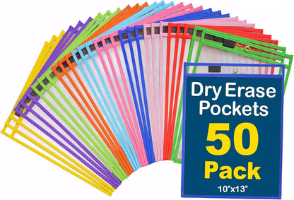 Dry Erase Pockets - 10 x 13 Reusable Dry Erase Pocket Sleeves for Work & School Worksheets - Heavy Duty Clear Pocket Sleeves - Quickly Wipe to a Flawless Clean (50 Pack Multicolor)
