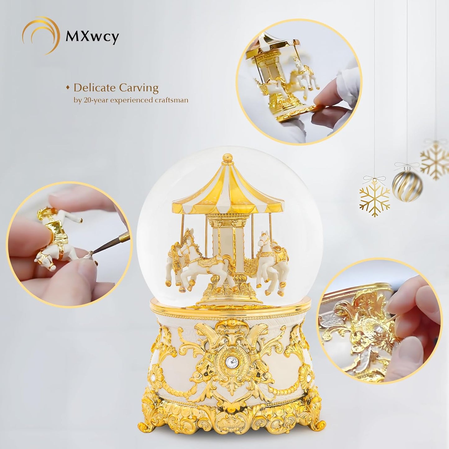 Carousel Music Box Gold & Ivory Christmas Snow Globes, 8.3" Rotate Carousel Snow Globe for Kids & Adults, Classic Wind up Musical Snow Globe Birthday Gifts for Women Girls, Carousel Horse Home Decor
