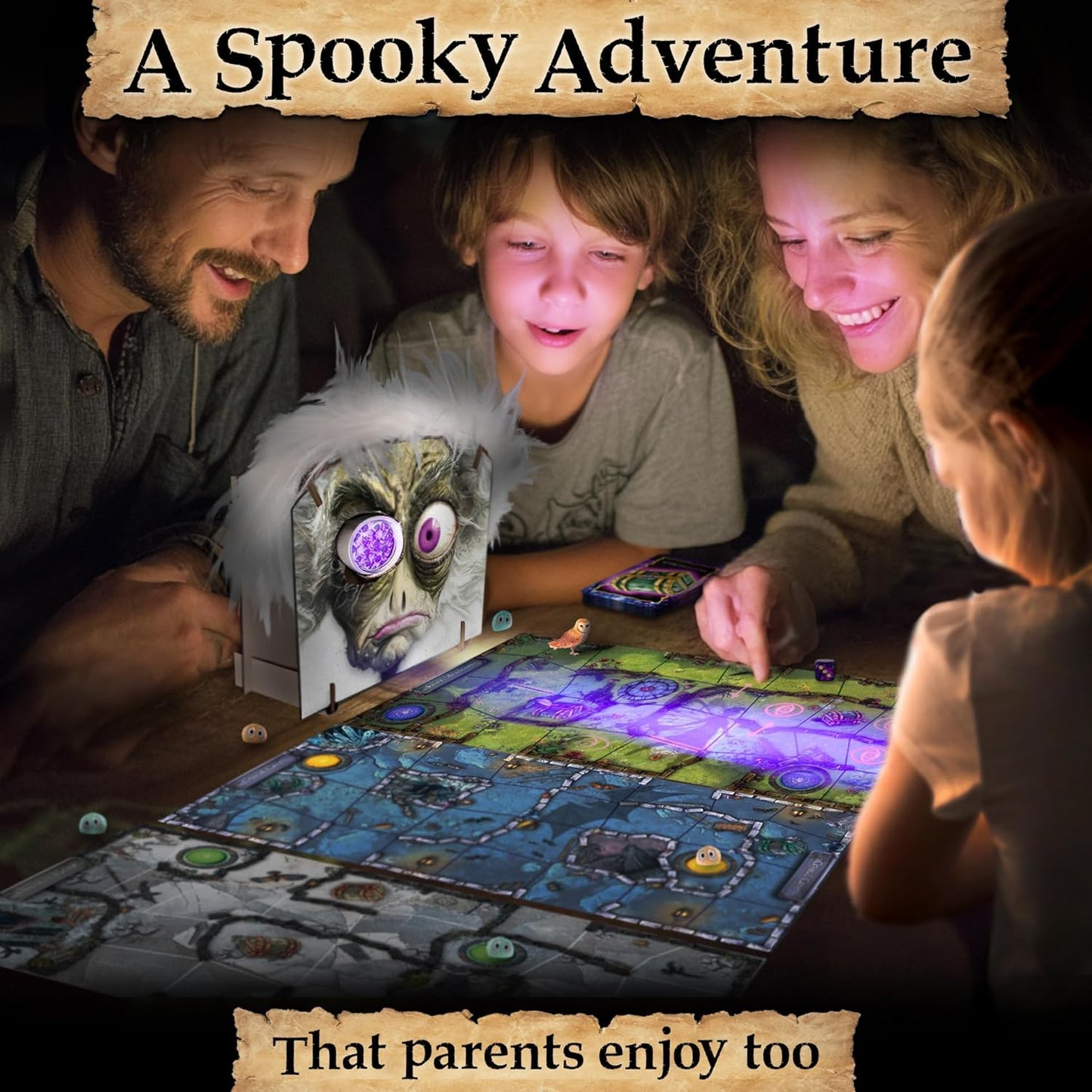 Enchanted Maze - A Light Up Board Game for Families | Ages 5+, 1-6 Players | Cooperative, Competitive and Solo Play Options | with “Secret” LED Light up Tiles, dice, Animal Figurines and a Hag!