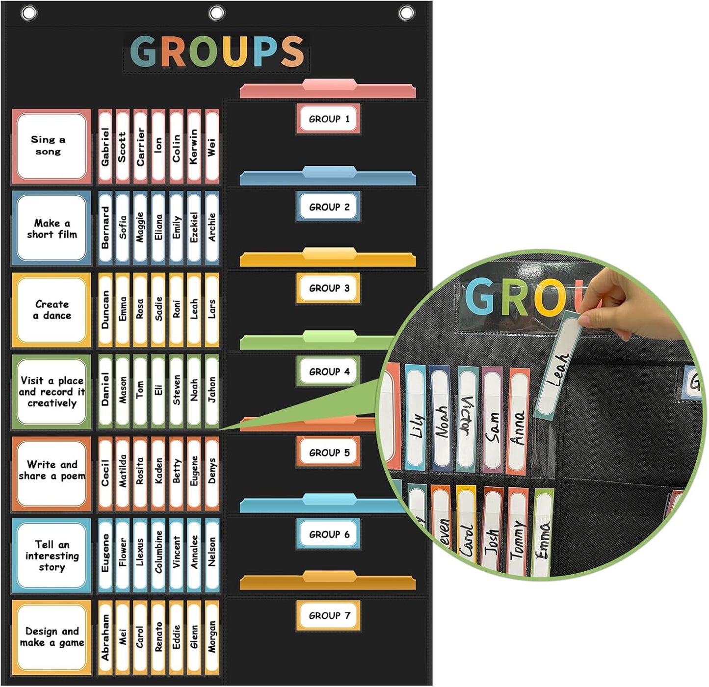 REGELETO Small Group Management Pocket Chart with 96 Cards Classroom Jobs Chart Small Group Organizer and on Task for School Teacher Homeschool Learning Supplies (Black)