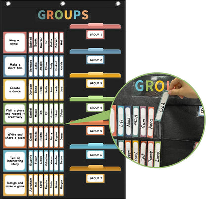 REGELETO Small Group Management Pocket Chart with 96 Cards Classroom Jobs Chart Small Group Organizer and on Task for School Teacher Homeschool Learning Supplies (Black)
