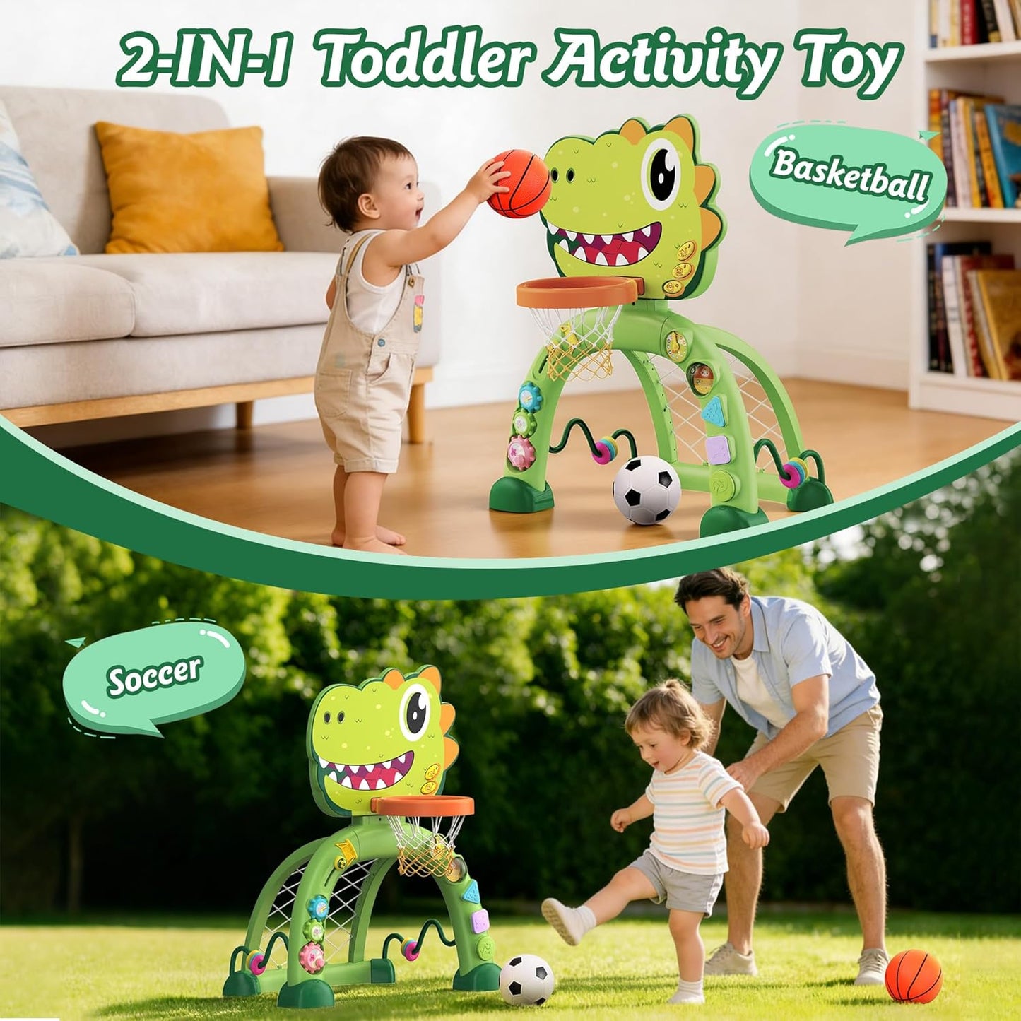 Twinkoo Dinosaur Toddler Basketball Hoop & Soccer Goal Montessori Toys for Baby 12-18 Months, 1, 2, 3+ Year Old Gift Toys for Boy and Girl (Green)