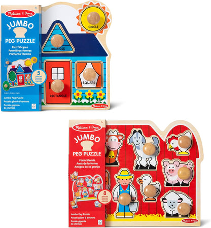 Melissa & Doug Wooden Jumbo Knob Puzzle 2-Pack for Baby and Toddler Boys and Girls – Large Farm, First Shapes