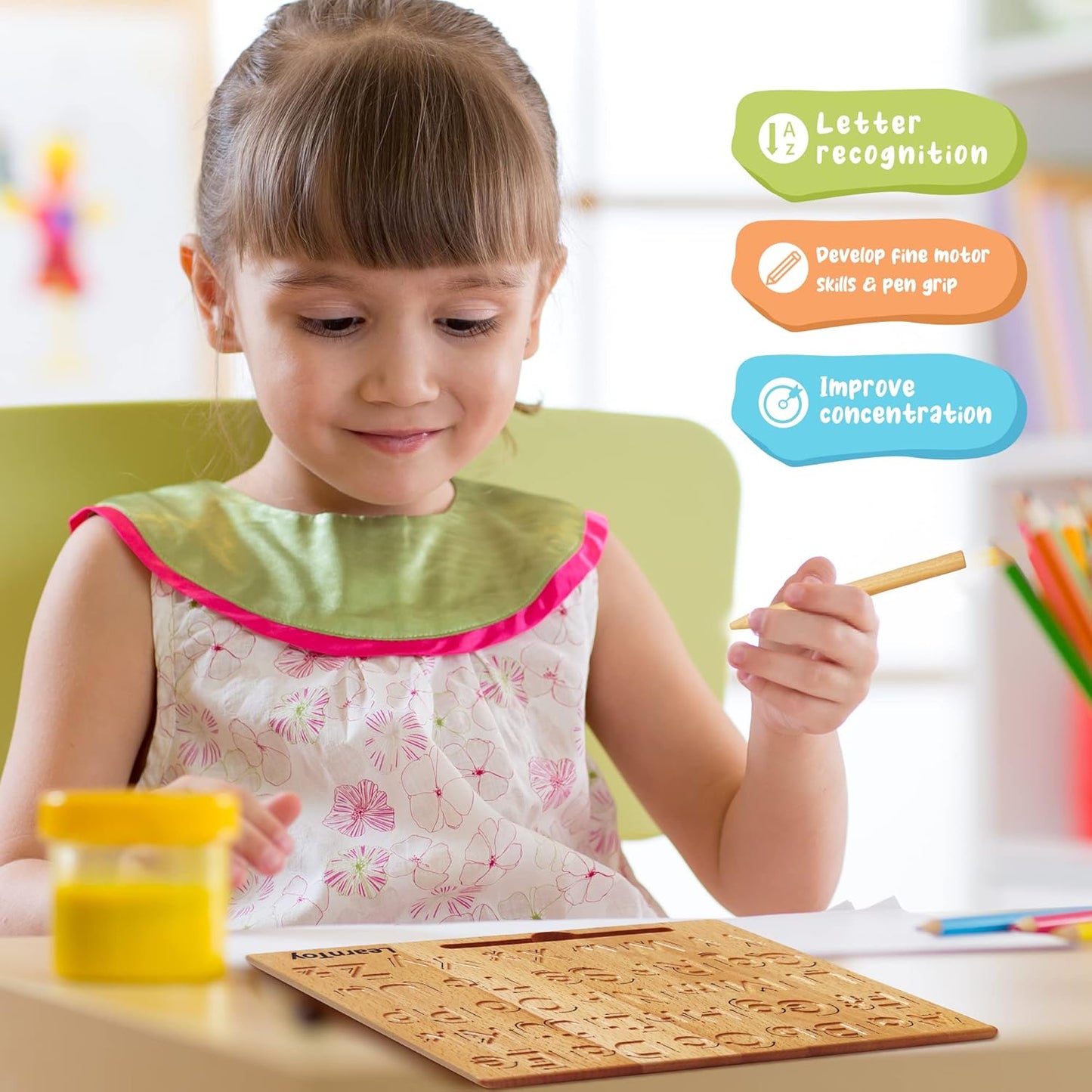 LearnToy Montessori Wooden Alphabet Tracing Board - Educational Toy for Kids - Fine Motor Skills Development - Double-Sided Writing Practice - Ideal Gift for Preschool 3-5 Years Old.