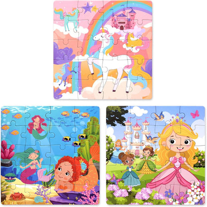 Magnetic Puzzles for Kids 3-5, 3-in-1 Princess Unicorn Mermaid Travel Puzzles for Kids Ages 4-6, Car Airplane Road Trip Activities Toys, Easter Day Gifts for Girls