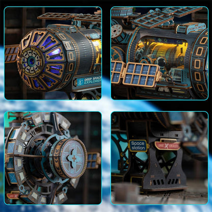3D Wooden Puzzles for Adults - Space Station Mechanical Model Kit with Lights & Music, 511PCS Adult Wooden Puzzles, DIY Building Toy for Teen & Adults, Miniature House Kit for Birthday Father's Day