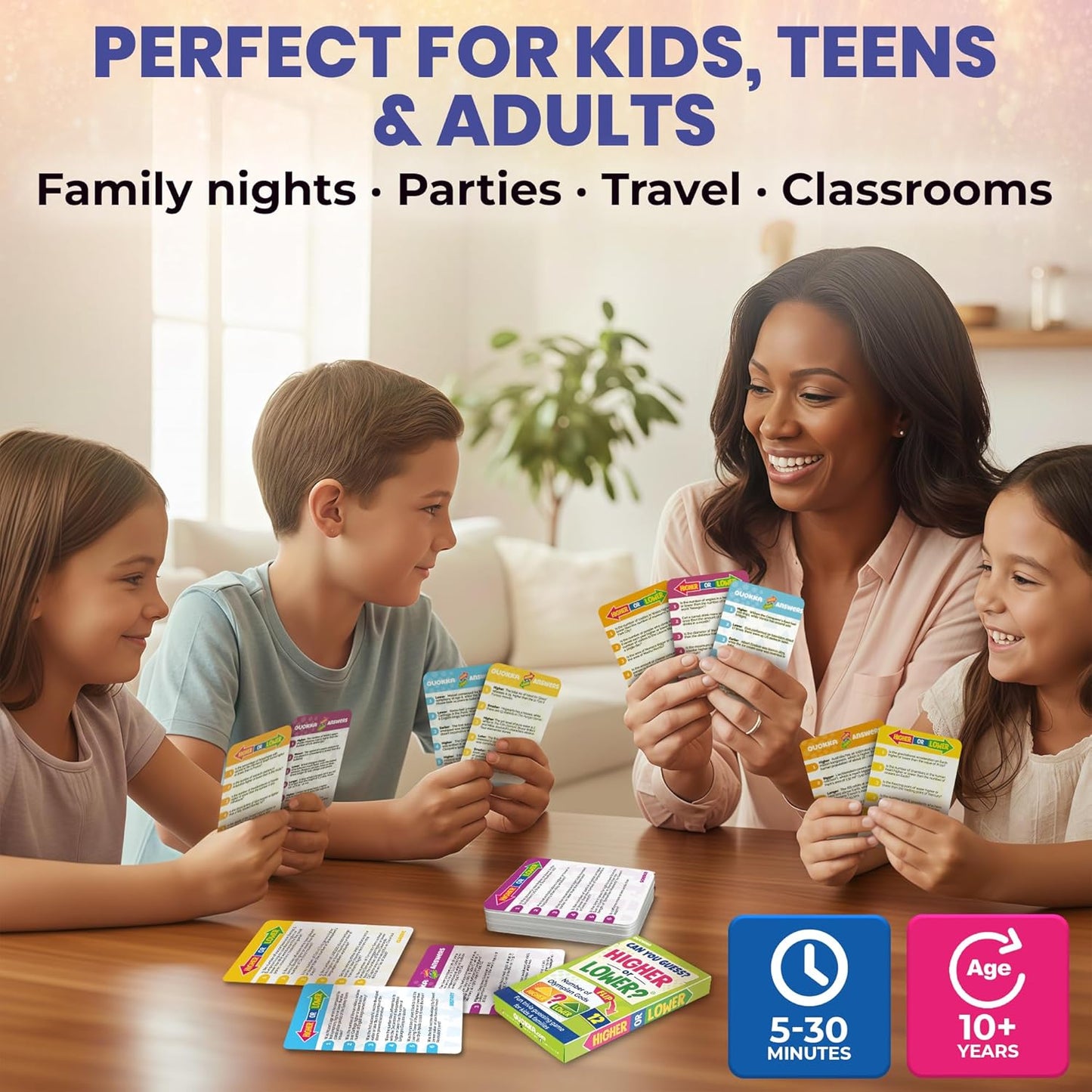 QUOKKA Trivia Board Games for Kids and Adults – Family Board Games for Family Game Night – Higher or Lower Trivia Cards for Kids 8-12 – Guess Fun Questions – Educational Card Game for Families&Teens