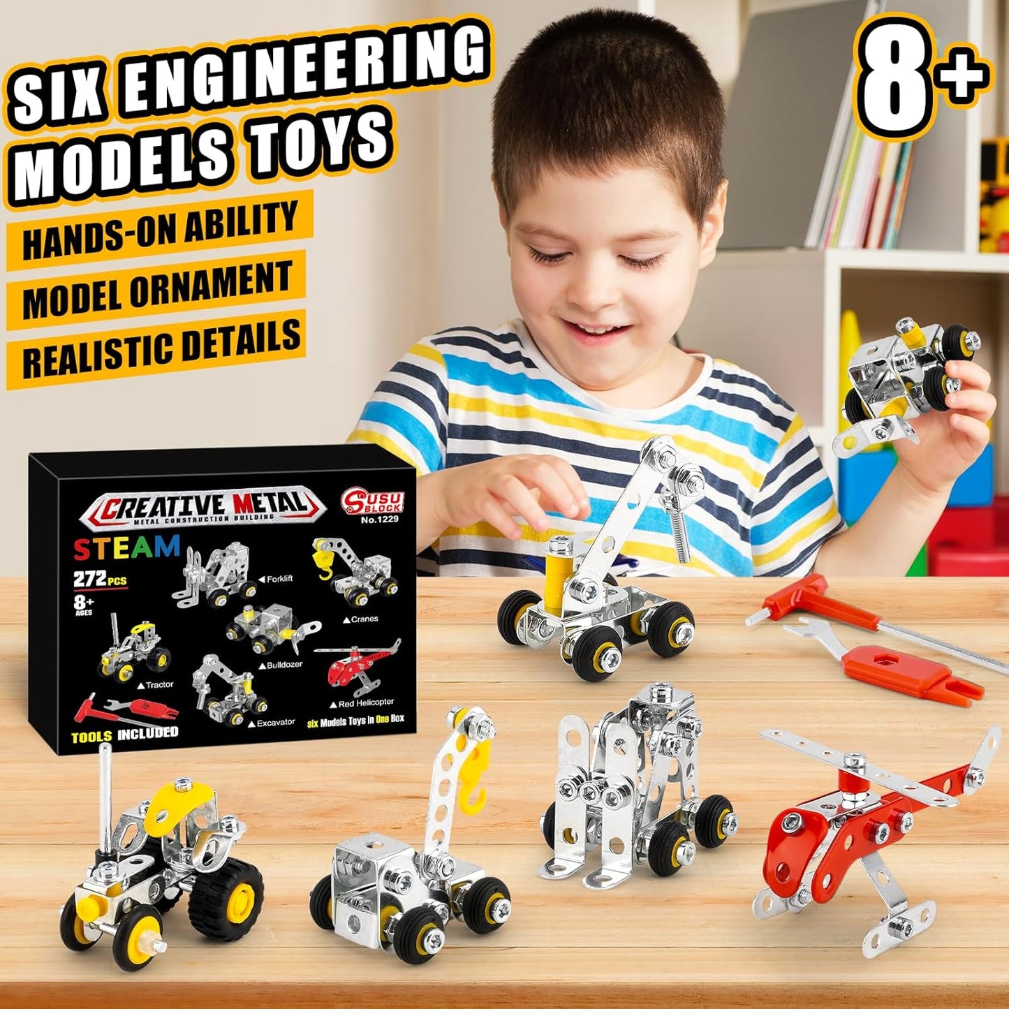 6 Mini Models for Kids Ages 8-12, 272pcs,Engineering Toys with Truck，Forklift，Excavator Car Building Kit and so on, Compatible with Metal Building Model Sets,Assembly Toys Gifts for Boys & Girls
