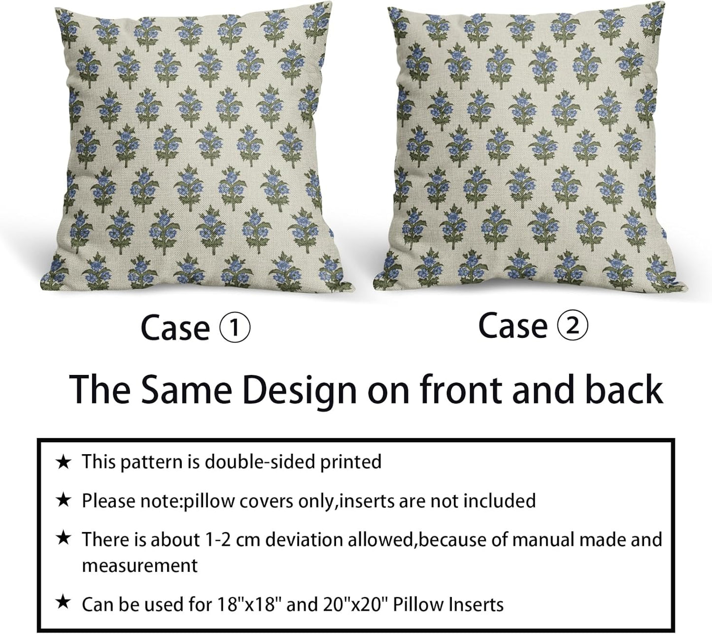 Sage Green Blue Floral Block Print Pillow Covers 18x18 Set of 2 Spring Flower Pattern Decorative Throw Pillowcases Outdoor Rustic Farmhouse Square Cushion Cases Decor for Home Couch Sofa Bed