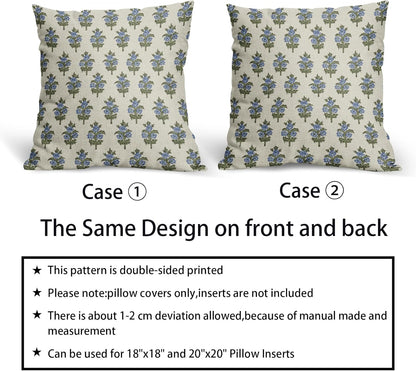 Sage Green Blue Floral Block Print Pillow Covers 18x18 Set of 2 Spring Flower Pattern Decorative Throw Pillowcases Outdoor Rustic Farmhouse Square Cushion Cases Decor for Home Couch Sofa Bed