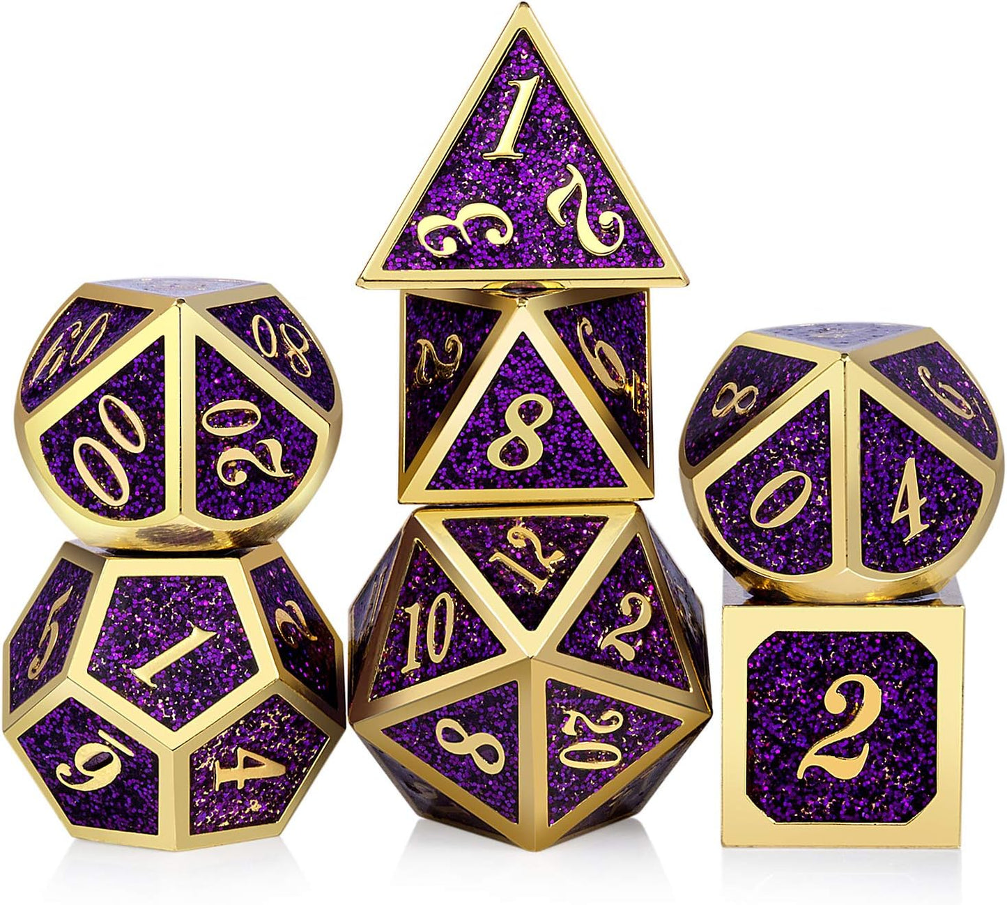 DnDnD Heavy Polyhedral Metal Dice Set with Metal Box, 7-die Shiny Blue Surface with Golden Number for RPG,Dungeons and Dragons,Pathfinder,Shadowrun,D&D,Role Palying Game and Math Teaching - Colors A