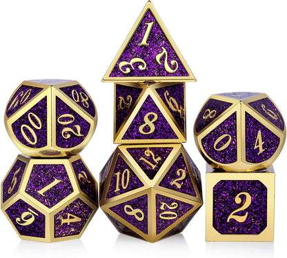 DnDnD Heavy Polyhedral Metal Dice Set with Metal Box, 7-die Shiny Blue Surface with Golden Number for RPG,Dungeons and Dragons,Pathfinder,Shadowrun,D&D,Role Palying Game and Math Teaching - Colors A