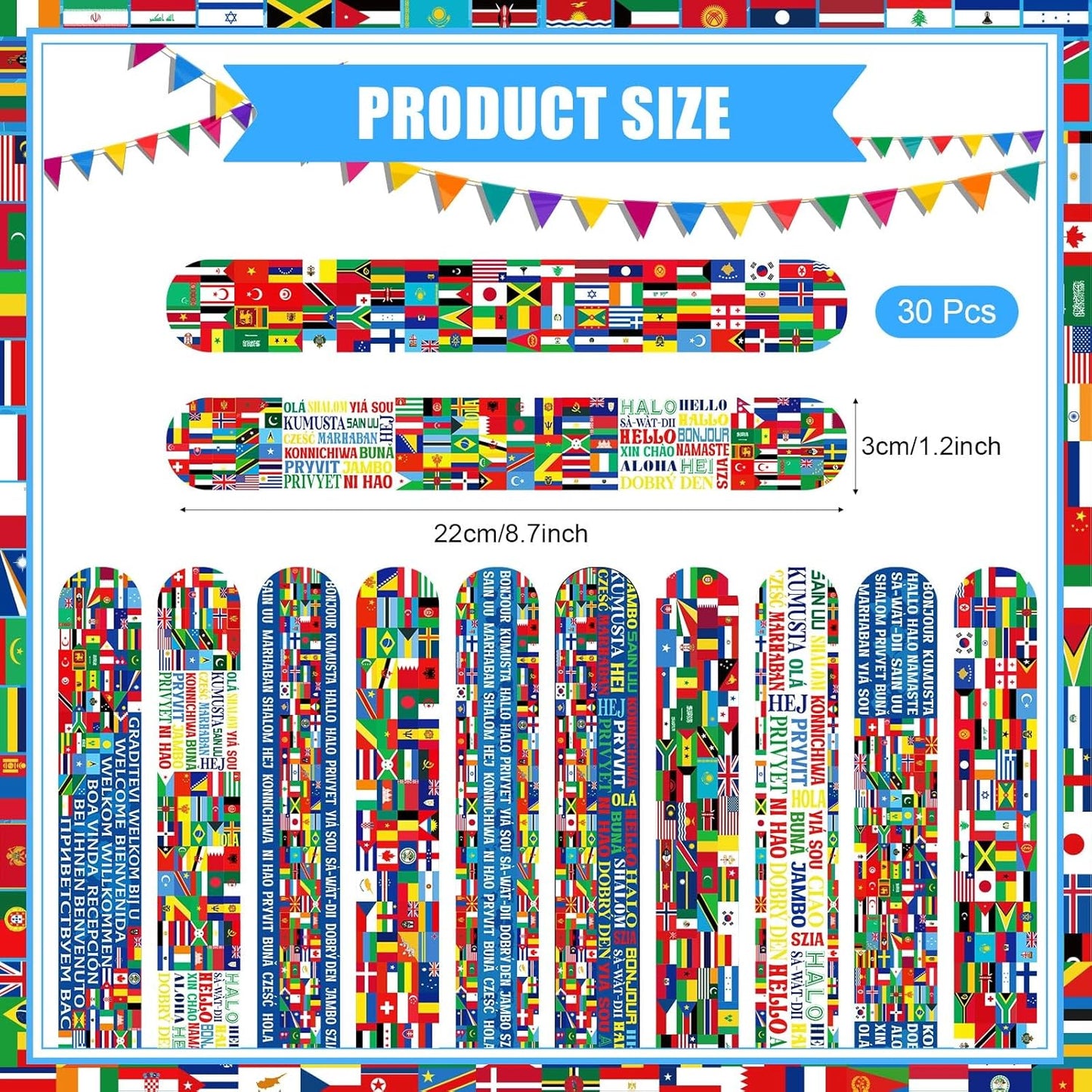 Outus 60 Pcs International Flags of The World Party Favors: 30 Around The World Slap Bracelets, 30 Button Pins, Country Flags International Party Favor Globe History Classroom Decorations Supplies