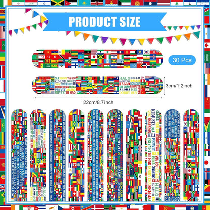 Outus 60 Pcs International Flags of The World Party Favors: 30 Around The World Slap Bracelets, 30 Button Pins, Country Flags International Party Favor Globe History Classroom Decorations Supplies