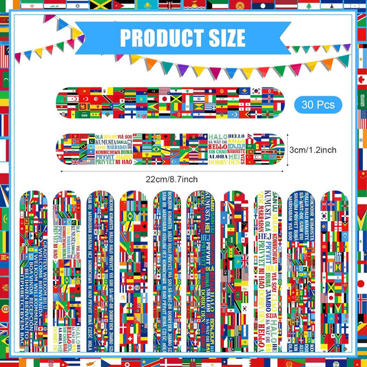 Outus 60 Pcs International Flags of The World Party Favors: 30 Around The World Slap Bracelets, 30 Button Pins, Country Flags International Party Favor Globe History Classroom Decorations Supplies