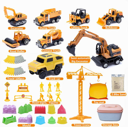 Play Construction Sand Kit, 2.2lbs Magic Sand, 6 Alloy Trucks,1 Big Semi-automatc Excavator,1 Race Truck 100 Tracks,10 Castle Molds,1 Sandbox mat,1 Storage Box, Sensory Toys for Kids Ages 3+