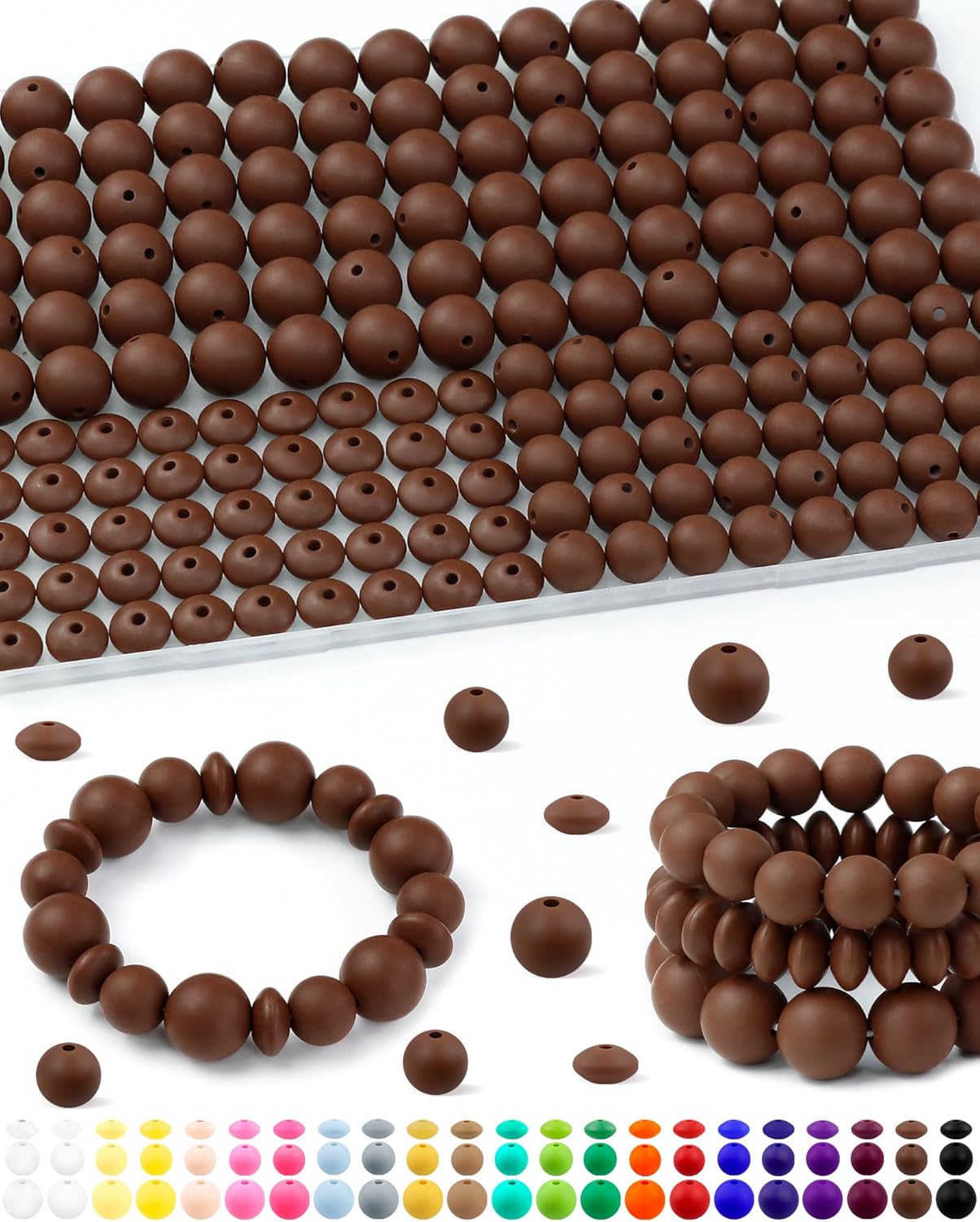 200Pcs FIVEIZERO Mixed Silicone Beads for Keychain Making, 12mm 15mm Round and 12mm Lentil Silicone Beads for Pens Bracelet Necklace DIY Crafts(Black)