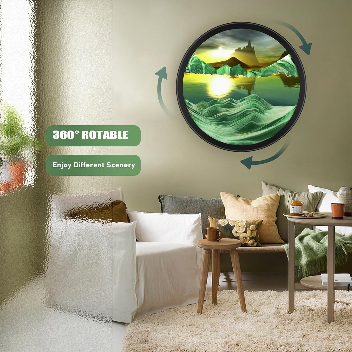 17.3" Moving Sand Art, 3D Sand Art Pictures Deep Sea Sandscape Living Room Decoration, 360° Rotate, Glass Crafts Solid Wood Frame, Relaxing Mood Home Office Work Wall Art Decor