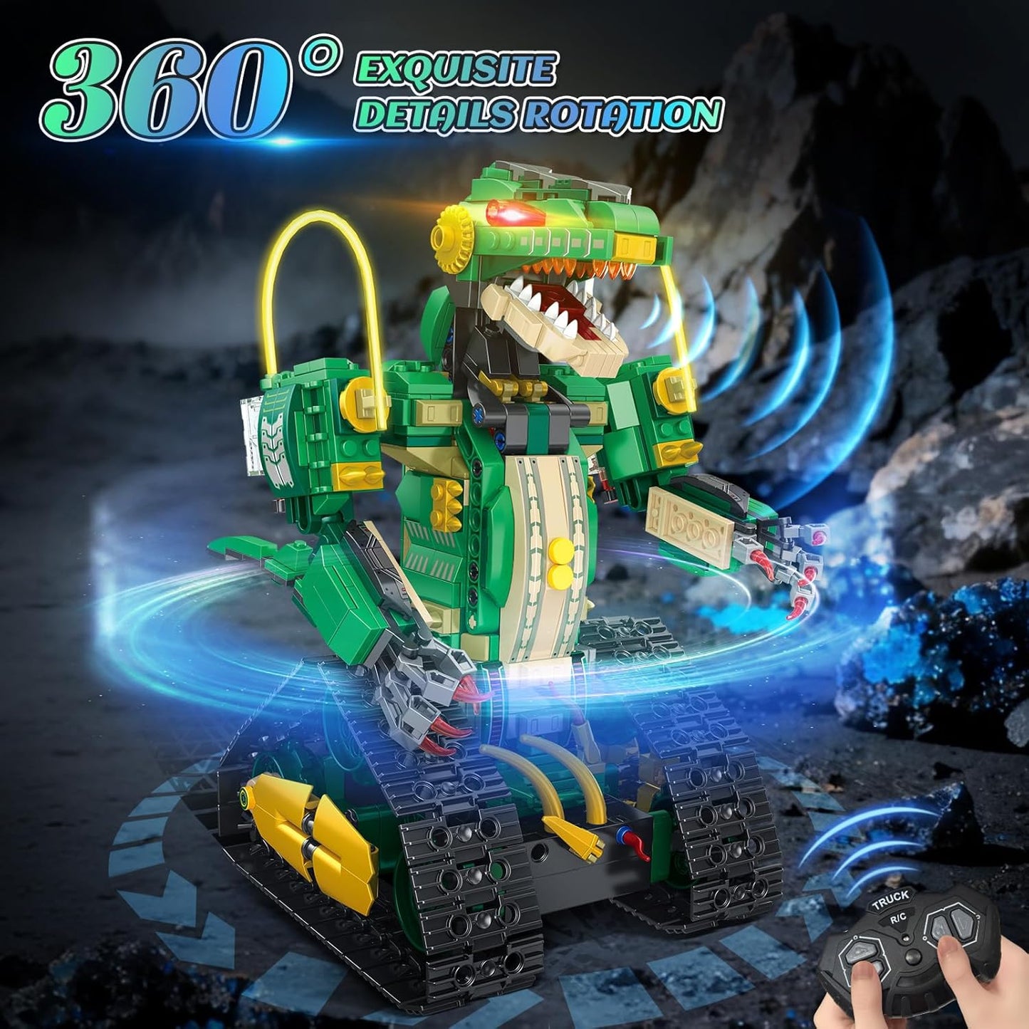HiWEEGO RC Dinosaur Building Toy with Light, 5 in 1 Remote Controll Building Block Kit, 877 PCS Tech Rechargeable Dinosaur Robot Toys Easter Birthday for Kids Boys Age 8 9 10 11 12+