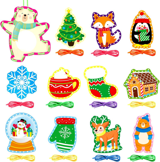 Winter Animal Lacing Cards For Kids 12 Packs Double Sided Sewing Kits Christmas Sewing Cards Educational & Learning Activities Fine Motor Skill for Boys Girls School Winter Holiday Party Supplies