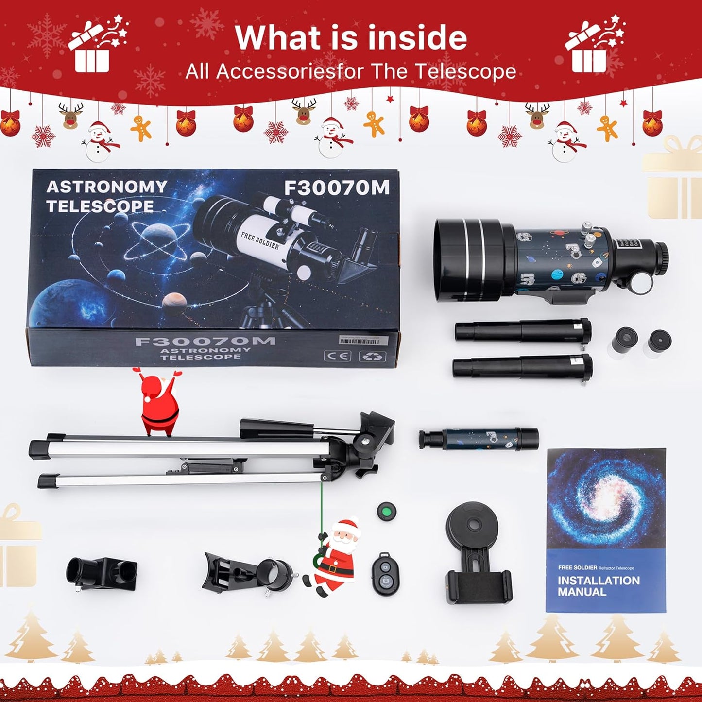 FREE SOLDIER Telescope for Kids 70mm Aperture Astronomical Refractor Telescopes for Beginners (15X-150X) 300mm Telescope for Adults High Powered with A Phone Adapter & A Wireless Remote (White)