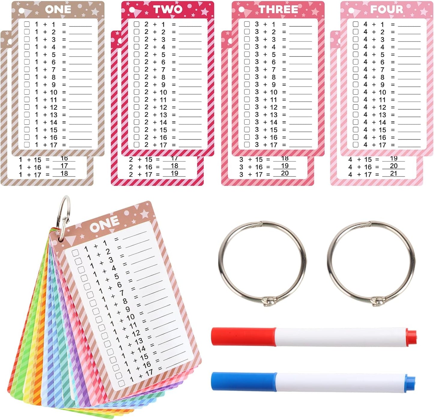 17 Pcs Addition Flashcards 0-16, Times Table Flash Cards with 2 Dry Erase Markers 2 Rings for Kids 1st to 3rd Grades Multiplication Game Supplies