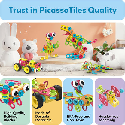 PicassoTiles 152pc STEM Construction Toy Building Set for Kids Ages 3+ Includes Power Drill, Ratchet, Idea Book, Storage Box Educational Engineering Science Kit & Sensory Toys for Boys & Girls PTN152